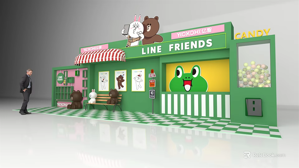 LINE FRIENDS Themed Store With Green Exterior Striped Awning Checkerboard Floor And Cartoon Characters 3d model 