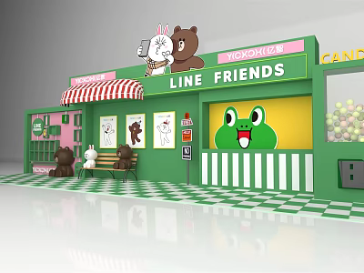 LINE FRIENDS Themed Store With Green Exterior Striped Awning Checkerboard Floor And Cartoon Characters 3d model
