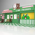LINE FRIENDS Themed Store With Green Exterior Striped Awning Checkerboard Floor And Cartoon Characters