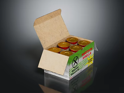 Open Cardboard Box With Shotgun Shells And Red Lidded Metal Cans 3d model