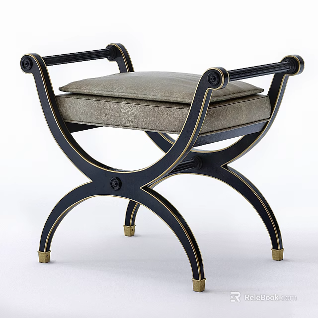 Elegant Sofa Stool With Black Metal Frame Gold Accents Gray Padded Seat And Crossed Legs 3d model 