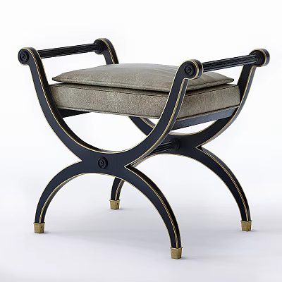 Elegant Sofa Stool With Black Metal Frame Gold Accents Gray Padded Seat And Crossed Legs 3d model