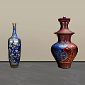 Blue And Red Ceramic Vessels With Intricate Patterns On Tabletop 3d model