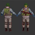 Two Soldiers in Camouflage Military Uniform With Green Helmets Vests and Rifle Front Back Views