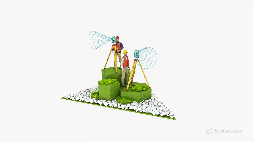 Workers Operating Industrial Equipment With Tripod Mounted Mesh Structures On Green Steps 3d model 