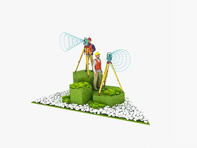 Workers Operating Industrial Equipment With Tripod Mounted Mesh Structures On Green Steps 3d model