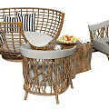 Outdoor Rattan Round Sofa with Striped Cushions and Patio Furniture Set