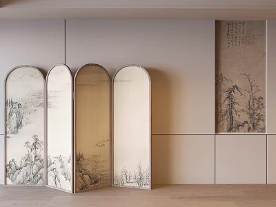 Song's Aesthetic Folding Screen Solid Wood Rattan Partition Entrance New Chinese Style Background Wall Decorative Painting 3d model