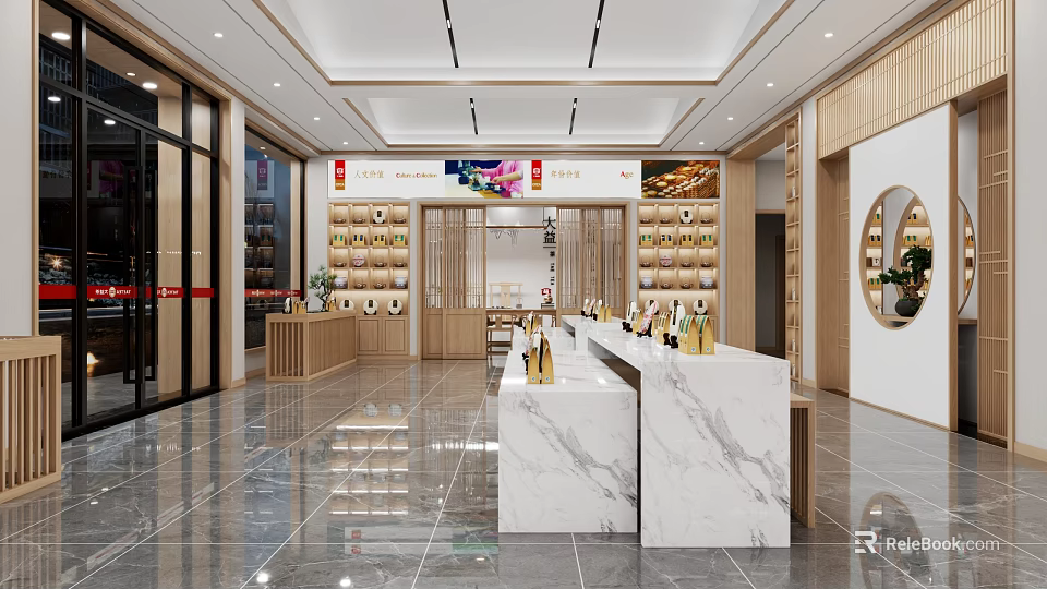 Modern Specialty Store Interior Design With Wooden Display Shelves And Marble Counter 3d model 