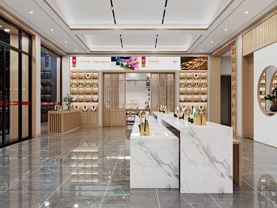 Modern Specialty Store Interior Design With Wooden Display Shelves And Marble Counter 3d model
