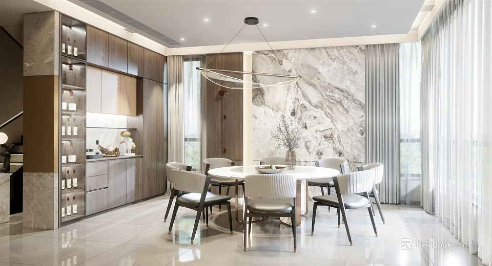 Modern Luxury Dining Room With Round Table White Chairs Marble Wall Cabinets And Pendant Light 3d model 