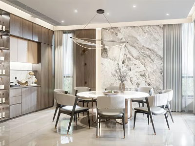 Modern Luxury Dining Room With Round Table White Chairs Marble Wall Cabinets And Pendant Light 3d model