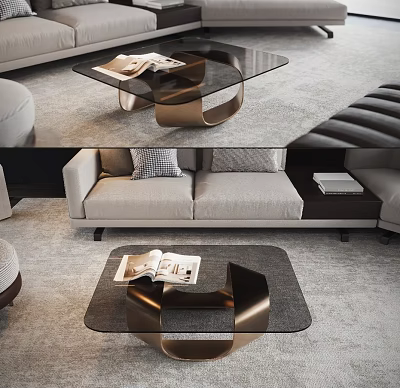 Elegant Coffee Table With Glass Top Metal Frame In Living Room With Sofa And Magazines 3d model