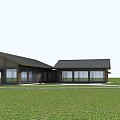 Rural Post Station with Modern Wooden Structure Large Windows and Dark Roof on Green Lawn