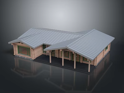 Cartoon Scene of Modern Wooden Cottage with Sloped Roofs Porch and Windows 3d model