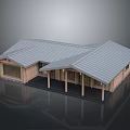 Cartoon Scene of Modern Wooden Cottage with Sloped Roofs Porch and Windows