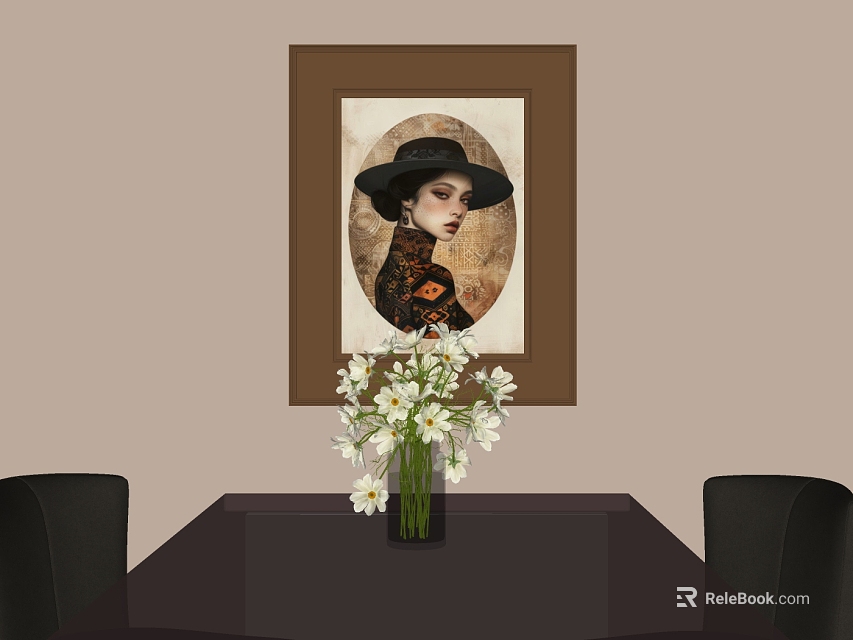 Abstract Painting Of Woman In Black Hat On Wall With White Flowers And Dark Table 3d model 