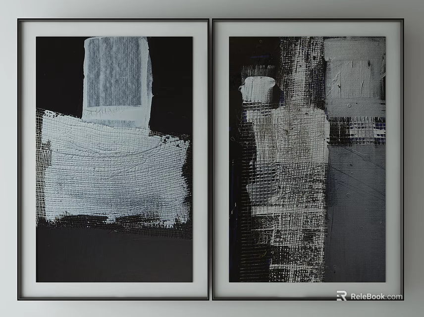 Two Panel Abstract Black And White Framed Wall Art With Textured Paintings 3d model