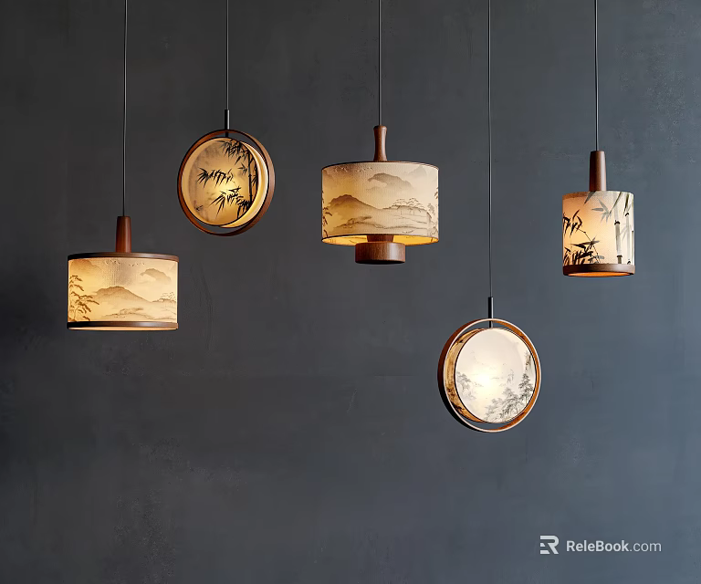 Chinese Ink Painting Pendant Lights With Wooden Frames On Dark Wall 3d model 