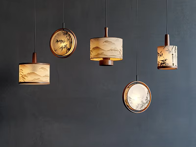 Chinese Ink Painting Pendant Lights With Wooden Frames On Dark Wall 3d model