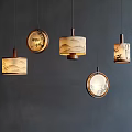 Chinese Ink Painting Pendant Lights With Wooden Frames On Dark Wall