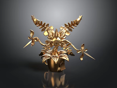 Golden Ornamental Sculpture With Intricate Leaf Like Wings And Detailed Base 3d model