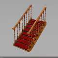 Wooden Staircase with Red Steps Handrail and Balusters Design 3d model
