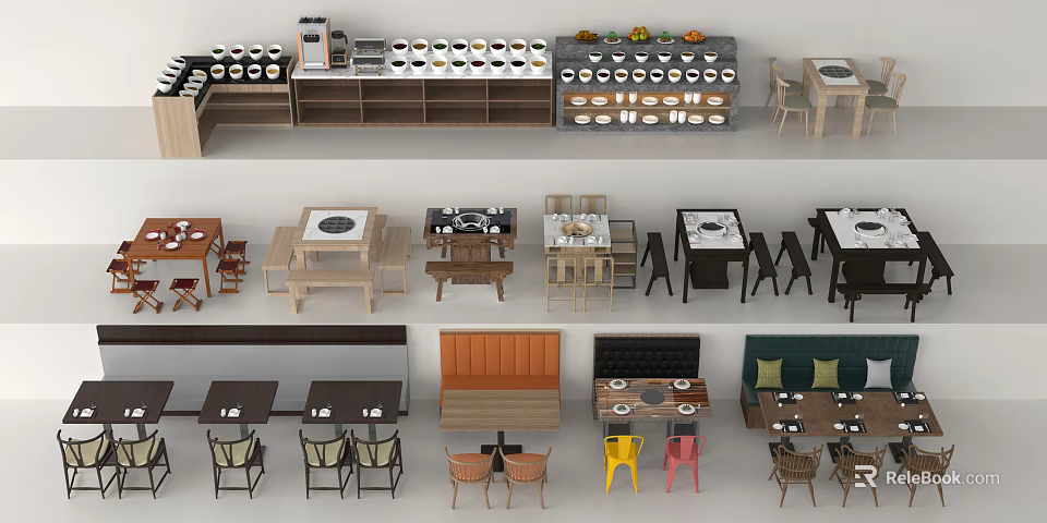 Various Style Dining Table Sets With Wooden Chairs Benches And Booth Seats 3d model 
