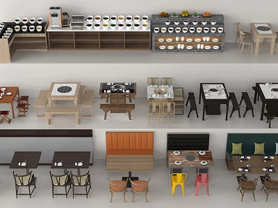 Various Style Dining Table Sets With Wooden Chairs Benches And Booth Seats 3d model