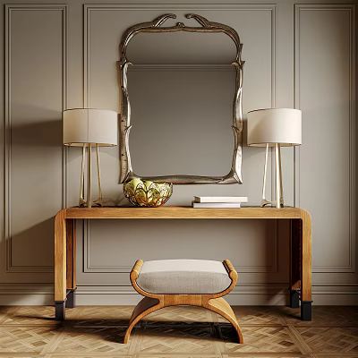 Elegant Wooden Dressing Table With Mirror Table Lamps Vase Books And Stool In Classic Interior 3d model