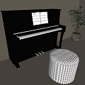Elegant Black Piano Interior With Music Sheets Round Wicker Stool And Green Plant