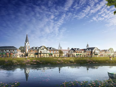 Scenic European Style Commercial Street With Clock Tower Lake Reflections And Lotus Flowers 3d model