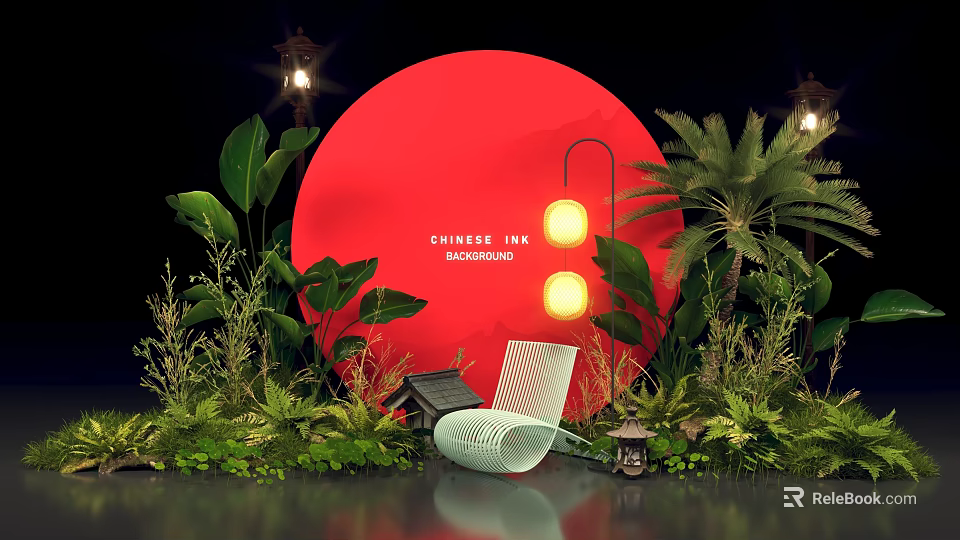 Chinese New Year Themed Photo Spot With Red Circular Installation Green Plants And White Chair 3d model 