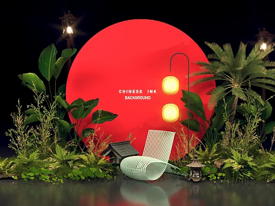 Chinese New Year Themed Photo Spot With Red Circular Installation Green Plants And White Chair 3d model