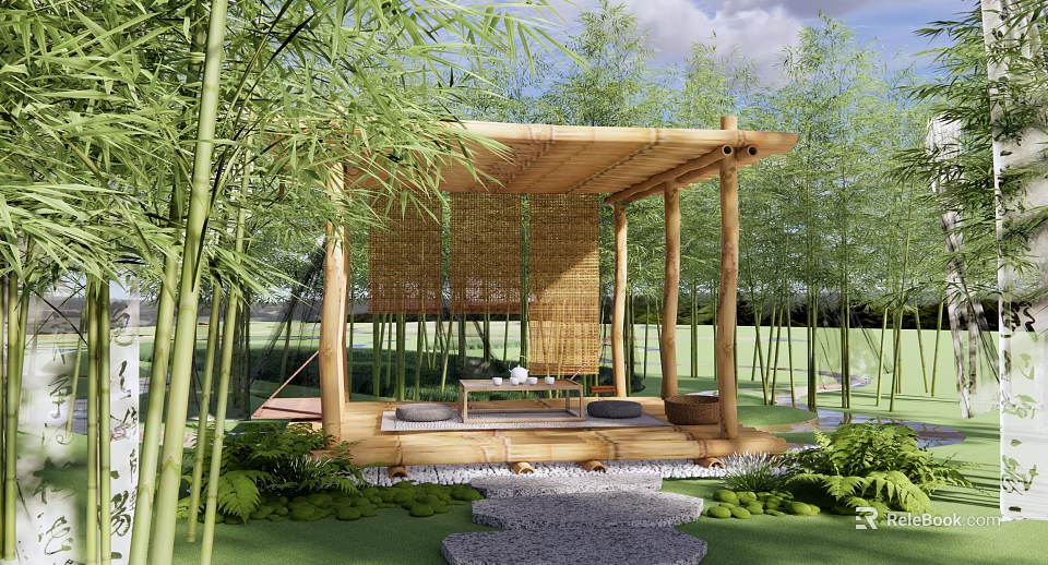 Wooden Garden Pavilion with Wicker Screens Surrounded by Bamboo Lush Greenery and Stone Path 3d model 