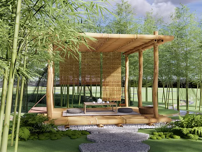 Wooden Garden Pavilion with Wicker Screens Surrounded by Bamboo Lush Greenery and Stone Path 3d model