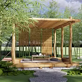 Wooden Garden Pavilion with Wicker Screens Surrounded by Bamboo Lush Greenery and Stone Path