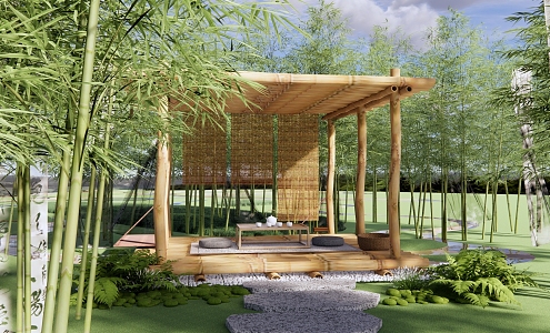 New Chinese Style Pavilion Bamboo Forest Park Landscape Under-forest Space Bamboo Corridor Frame Bamboo Forest Tea Room Bamboo Forest Tea Tasting Outdoor Veil Bamboo Curtain 3d model