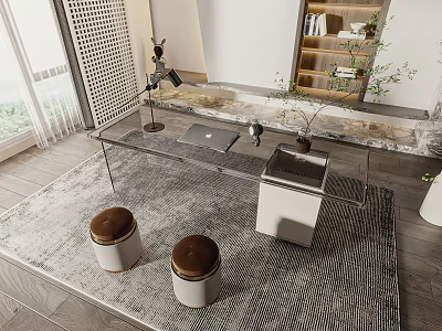 Glass Top Office Desk With Laptop Two Stools Brown Seats Gray Rug And Background Bookshelf 3d model