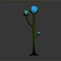 Green Plant With Curved Stems Two Blue Glowing Buds And Green Base On Gray Background