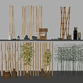 Vertical Bamboo Partition With Decorative Lanterns Woven Baskets And Green Plants 3d model