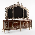 Ornate Entrance Sideboard Cabinet With Carved Detailing Wooden Surface Silver Metal Accents And Top Mirror