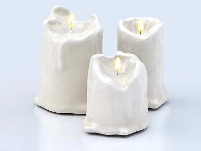 Three White Decorative Candles With Lit Flames For Home Decoration 3d model