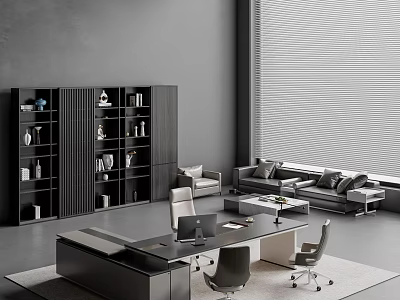 Modern Office Desk and Chairs with Black Bookshelf Gray Walls and Window Blinds 3d model