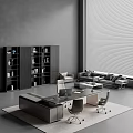 Modern Office Desk and Chairs with Black Bookshelf Gray Walls and Window Blinds