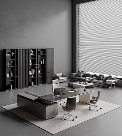 Modern Office Desk and Chairs with Black Bookshelf Gray Walls and Window Blinds 3d model