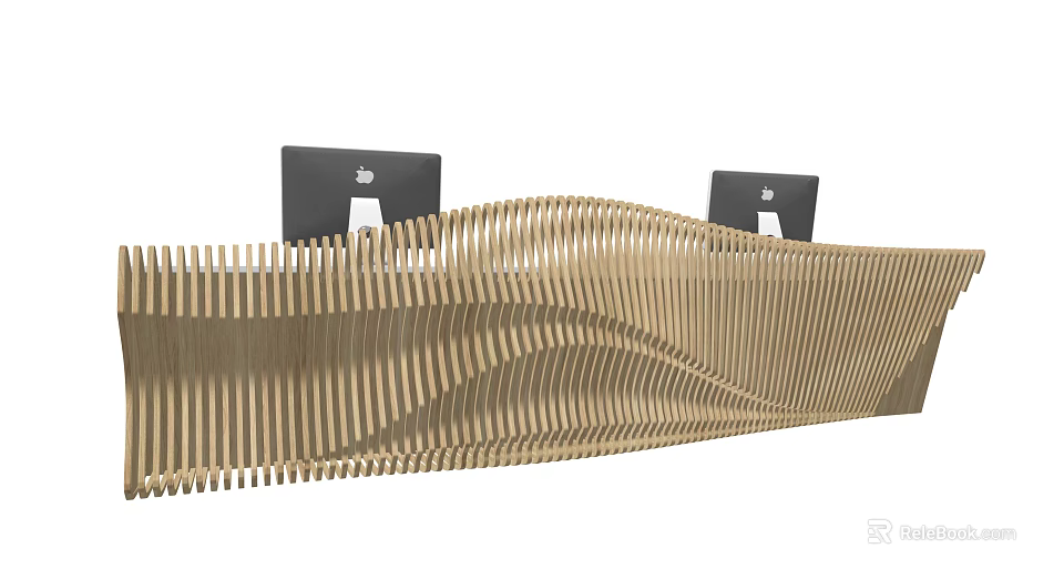 Modern Reception Desk With Wavy Wooden Slats Design And Two Computer Monitors 3d model 