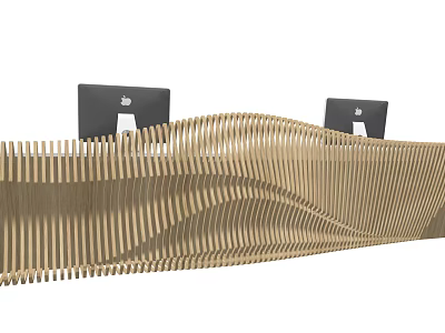 Modern Reception Desk With Wavy Wooden Slats Design And Two Computer Monitors 3d model