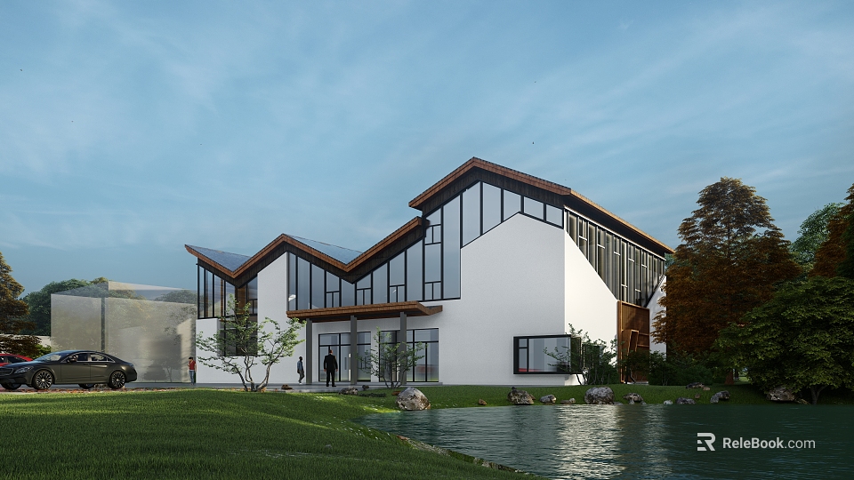 Modern Office Building Exterior With Glass Windows Unique Roof Design And Lawn Water Feature 3d model 