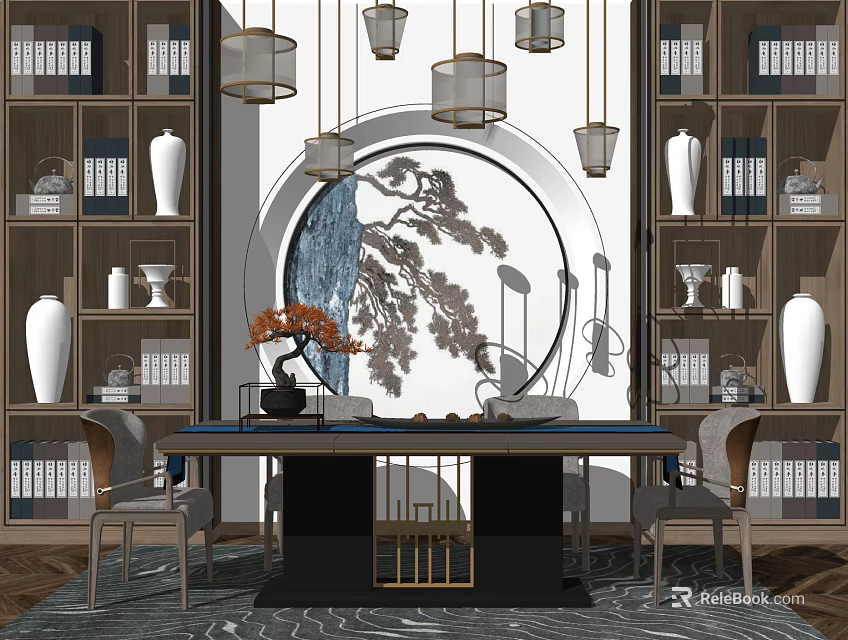 Chinese Style Study Room With Wooden Desk Bookshelves Hanging Lamps And Decorative Elements 3d model 